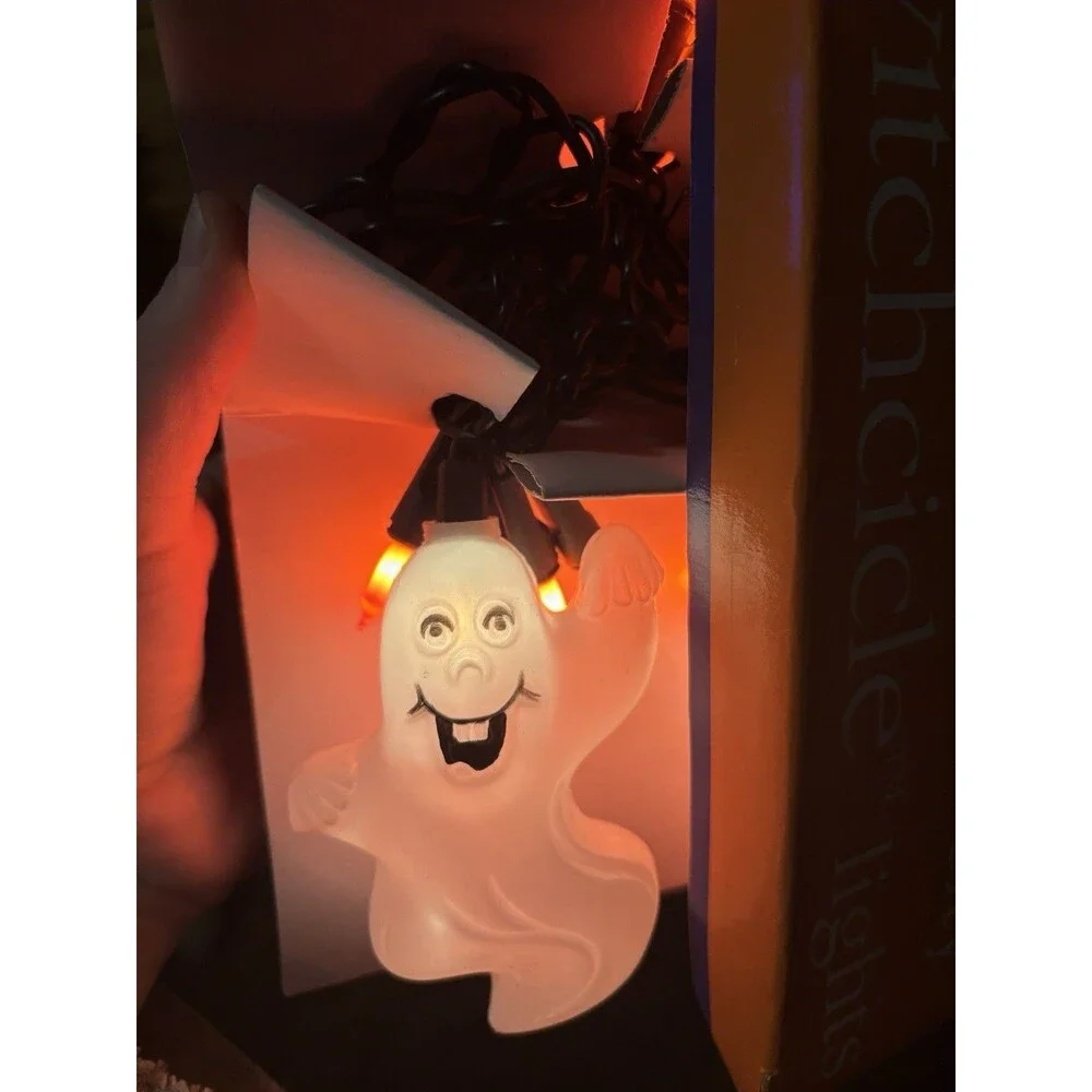 Witchcicle Ghost Halloween String Lights 50 Orange Black Cord Plug-In